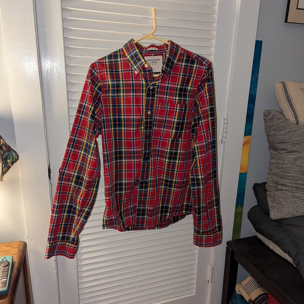 Abercrombie & Fitch Plaid Button Down Shirt Slim Fit Muscle Shirt Large